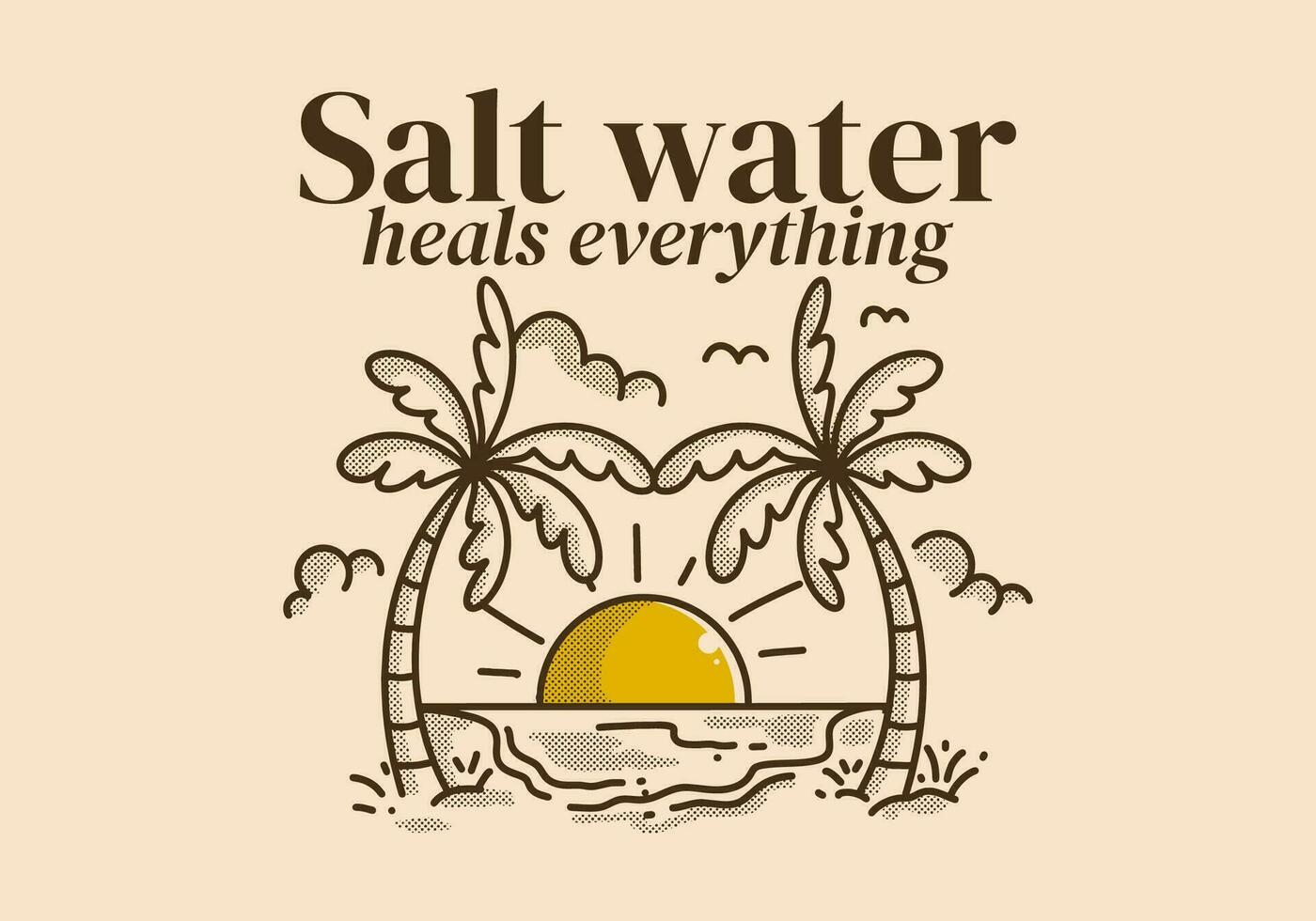 zout water geneest alles. retro lijn kunst illustratie van een strand met groot zon vector