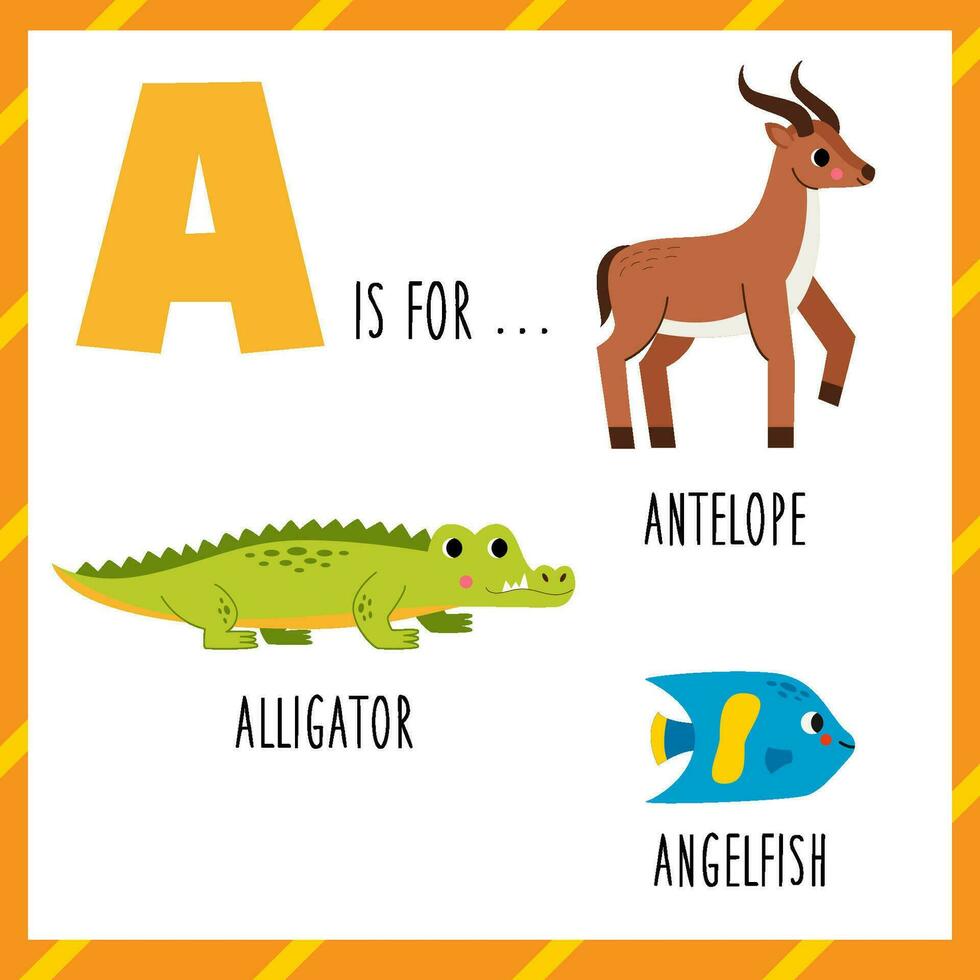 aan het leren Engels alfabet voor kinderen. brief a. schattig tekenfilm antilope alligator en engel vis. vector