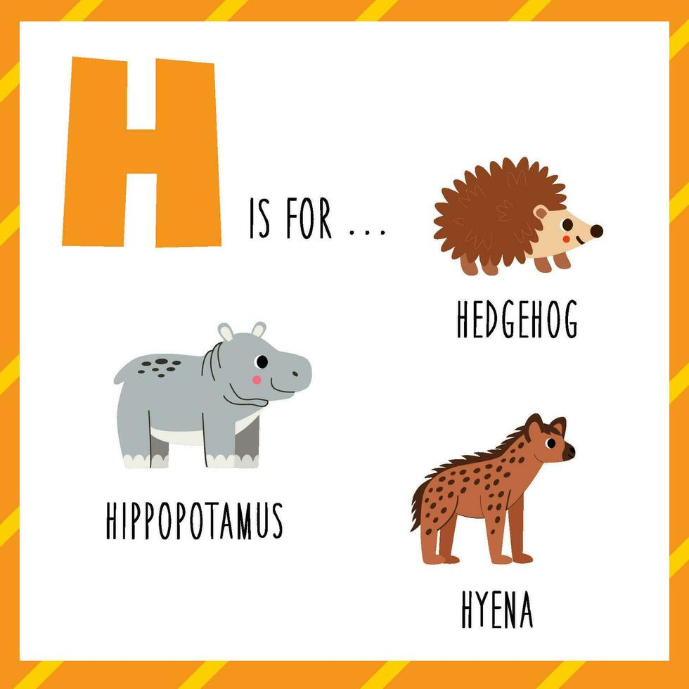 aan het leren Engels alfabet voor kinderen. brief h. schattig tekenfilm egel nijlpaard hyena. vector