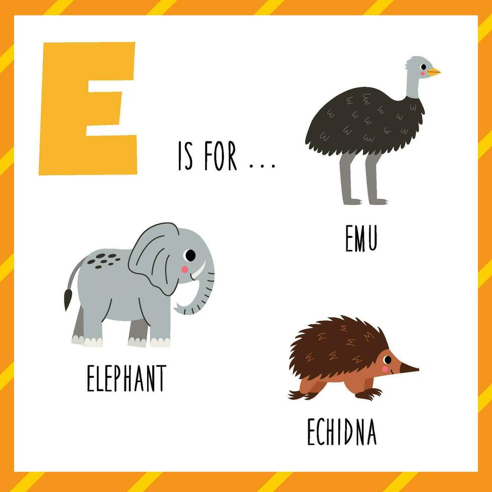 aan het leren Engels alfabet voor kinderen. brief e. schattig tekenfilm emoe, olifant en mierenegel. vector