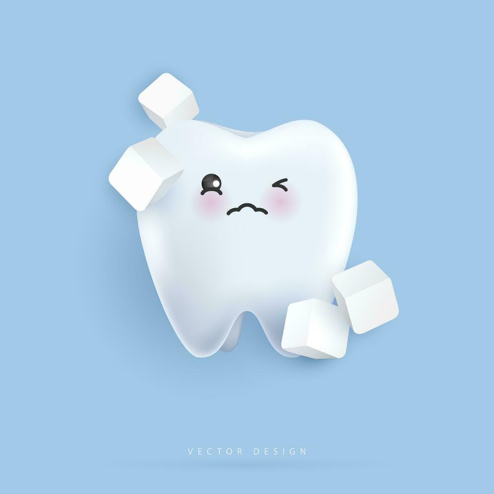 tand tekens met suiker is voelen slechte. ongezond tanden plaque en cariës gat met snoep. illustratie voor kinderen. tandheelkundig en tandheelkunde concept. vector ontwerp.