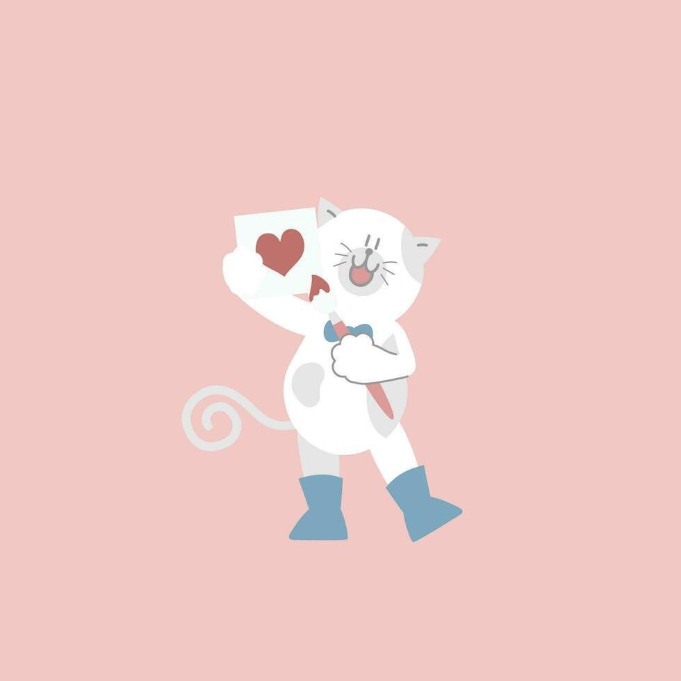 schattig en lief wit kat Holding penseel tekening hart vorm Aan papier, gelukkig Valentijnsdag dag, liefde concept, vlak vector illustratie tekenfilm karakter kostuum ontwerp