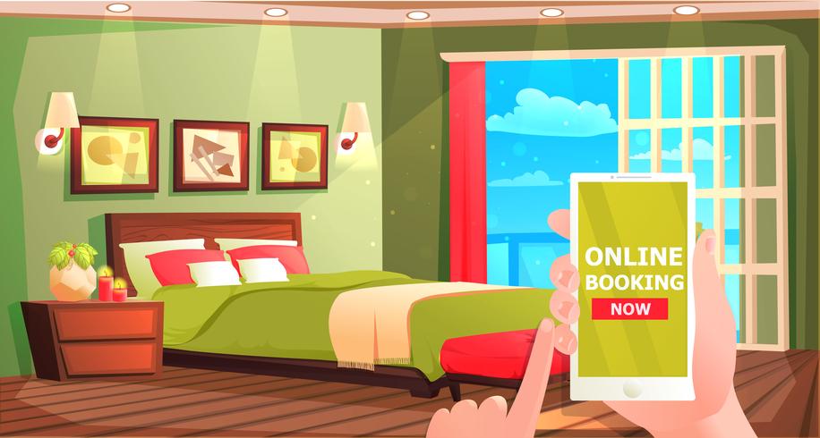 Hotel online reserveringsbanner. Binnenland van moderne ruimte voor rust. Vector cartoon illustratie