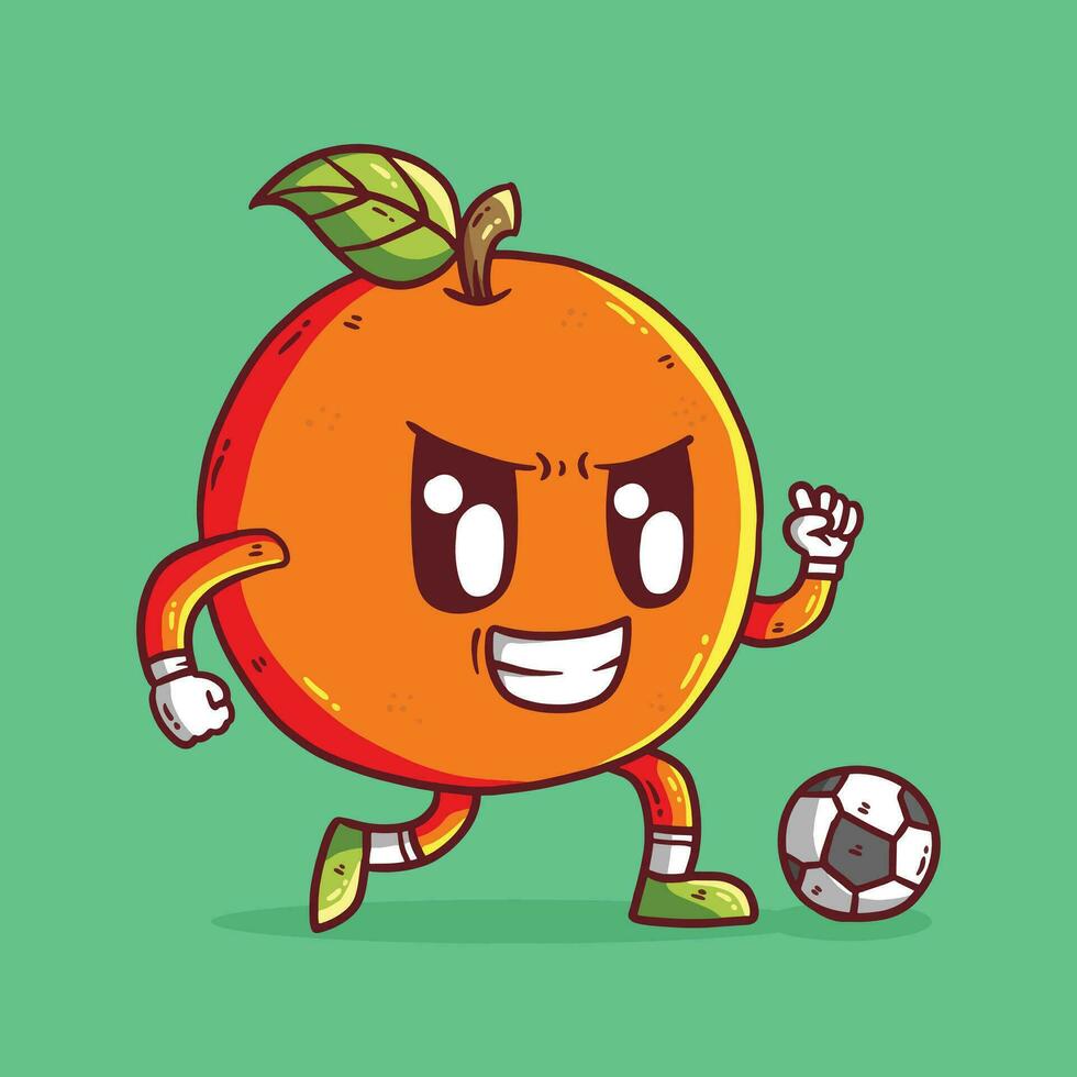 schattig tekenfilm vector illustratie van oranje fruit mascotte spelen voetbal. oranje fruit mascotte karakter. oranje vector.