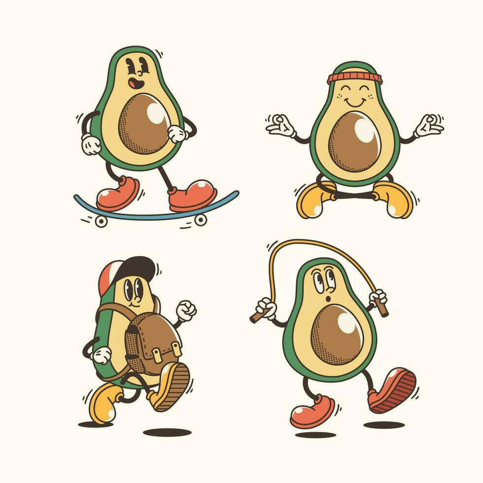 reeks van traditioneel grappig avocado tekenfilm illustratie met gevarieerd poses en uitdrukkingen vector
