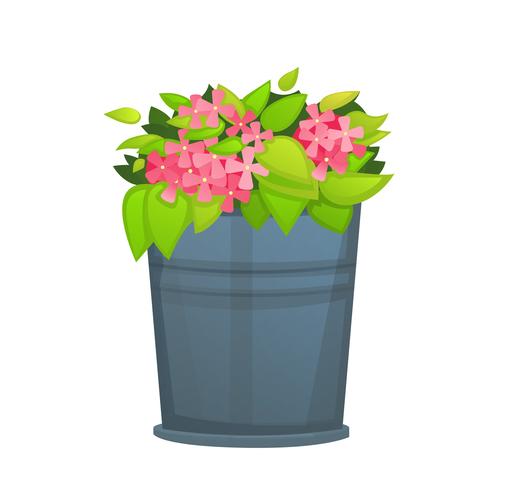 Roze bloem met groen blad in metalen emmer pot. - Vector