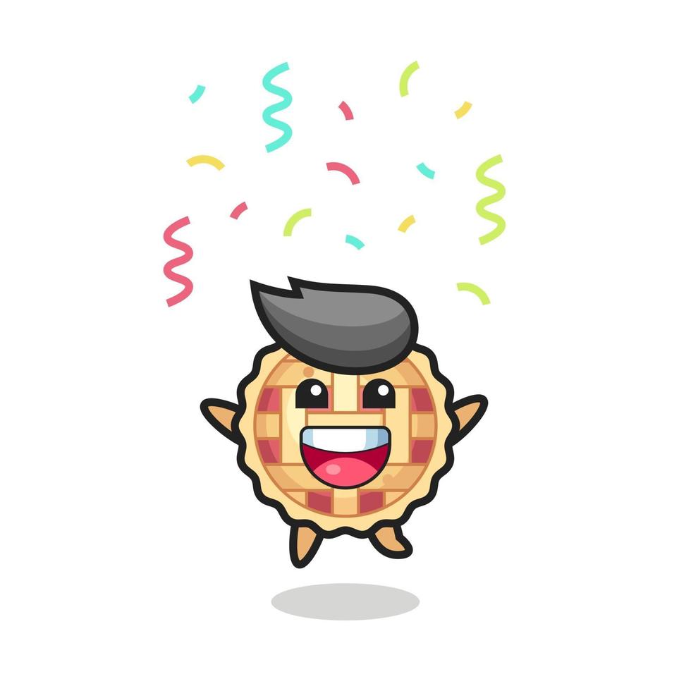 gelukkige appeltaart mascotte springen voor felicitatie met kleur confetti vector