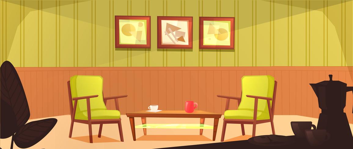 Het interieur van de cafetaria-ruimte. Retro ontwerp van de leunstoel en koffietafel met mokken. Houten meubels in een café. Vector cartoon illustratie