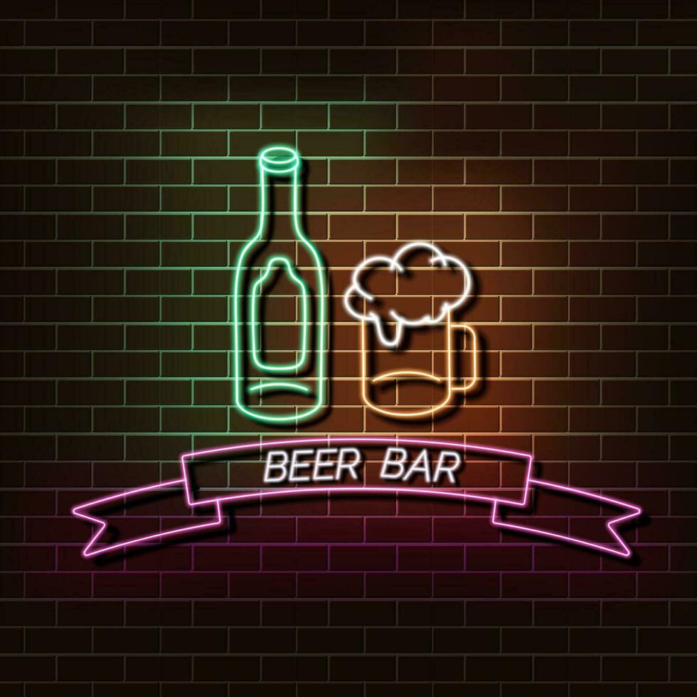 bier bar neon licht banier Aan een steen muur. groen en roze teken. decoratief realistisch retro element voor web ontwerp vector illustratie