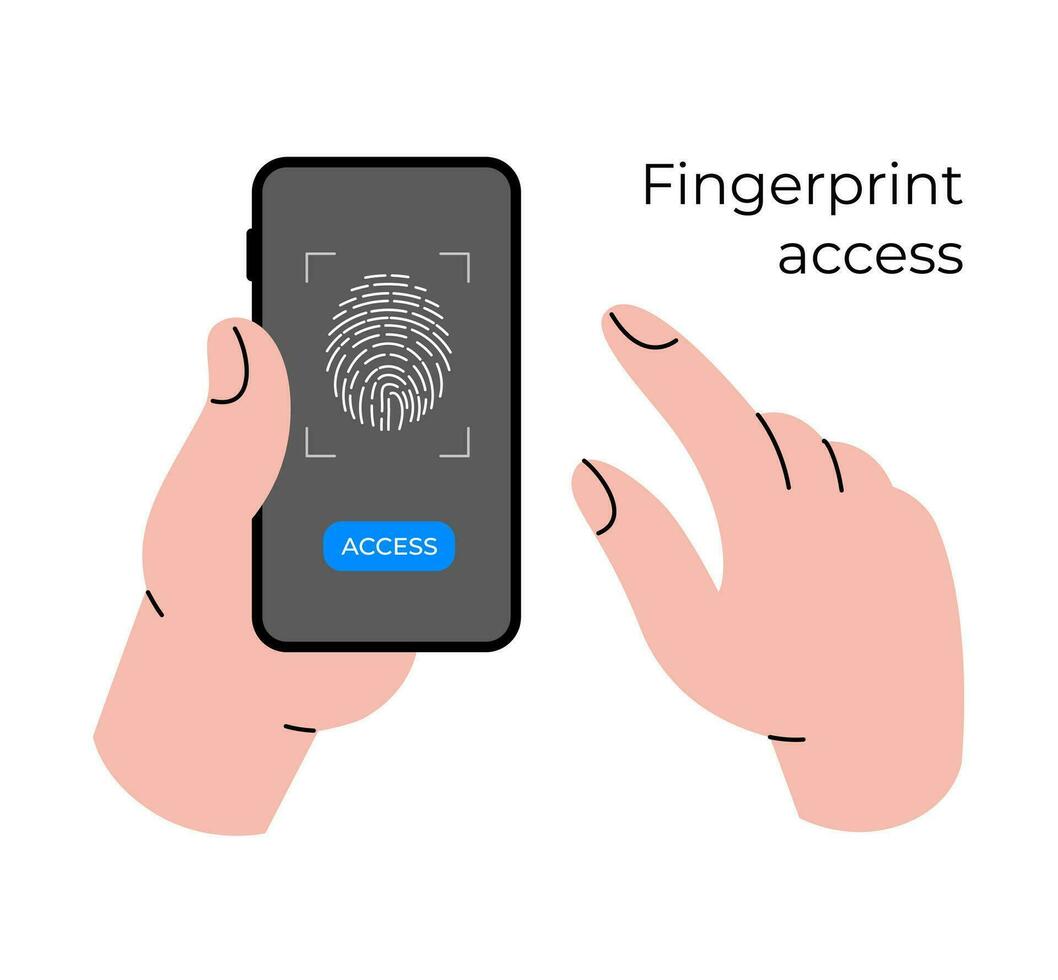 een menselijk hand- is Holding een smartphone. vingerafdruk toegang. veiligheid van persoonlijk informatie. capaciteit vector
