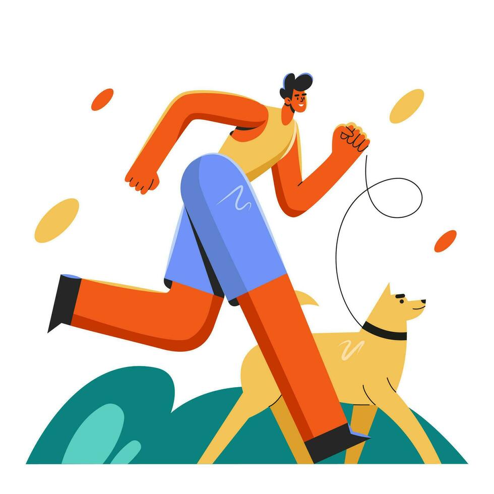 een Mens loopt met een hond. de vent doet sport- en treinen een rasecht pup. Gezondheid en natuur vector