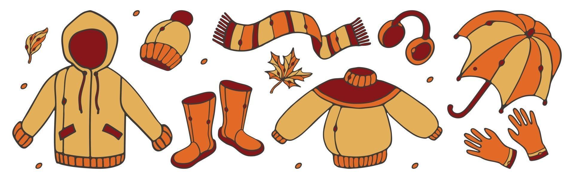 herfst kleding set. regenjas, rubberen laarzen, sjaal, muts, handschoenen, vector