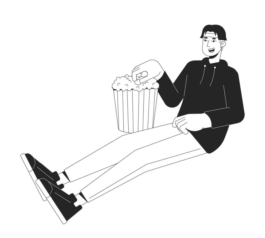 Koreaans jong volwassen Mens nemen popcorn van emmer zwart en wit 2d lijn tekenfilm karakter. Aziatisch jongen grijpen popcorn geïsoleerd vector schets persoon. film nacht monochromatisch vlak plek illustratie