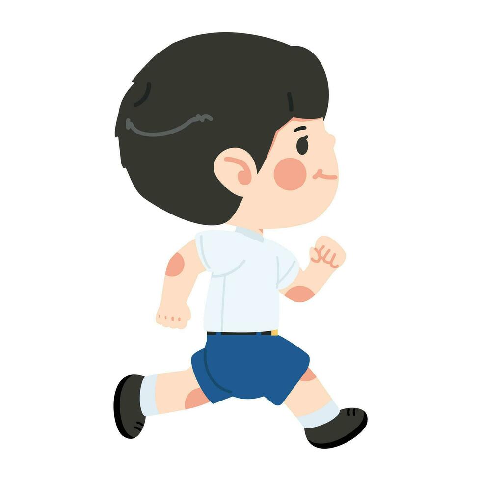 schattig kind jongen rennen naar school- tekenfilm vector