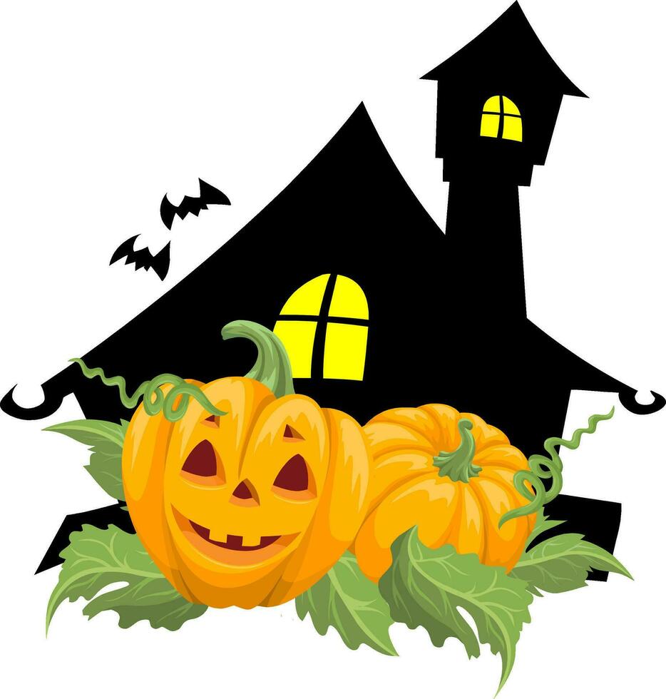 halloween pompoenen met huis en vleermuizen vector