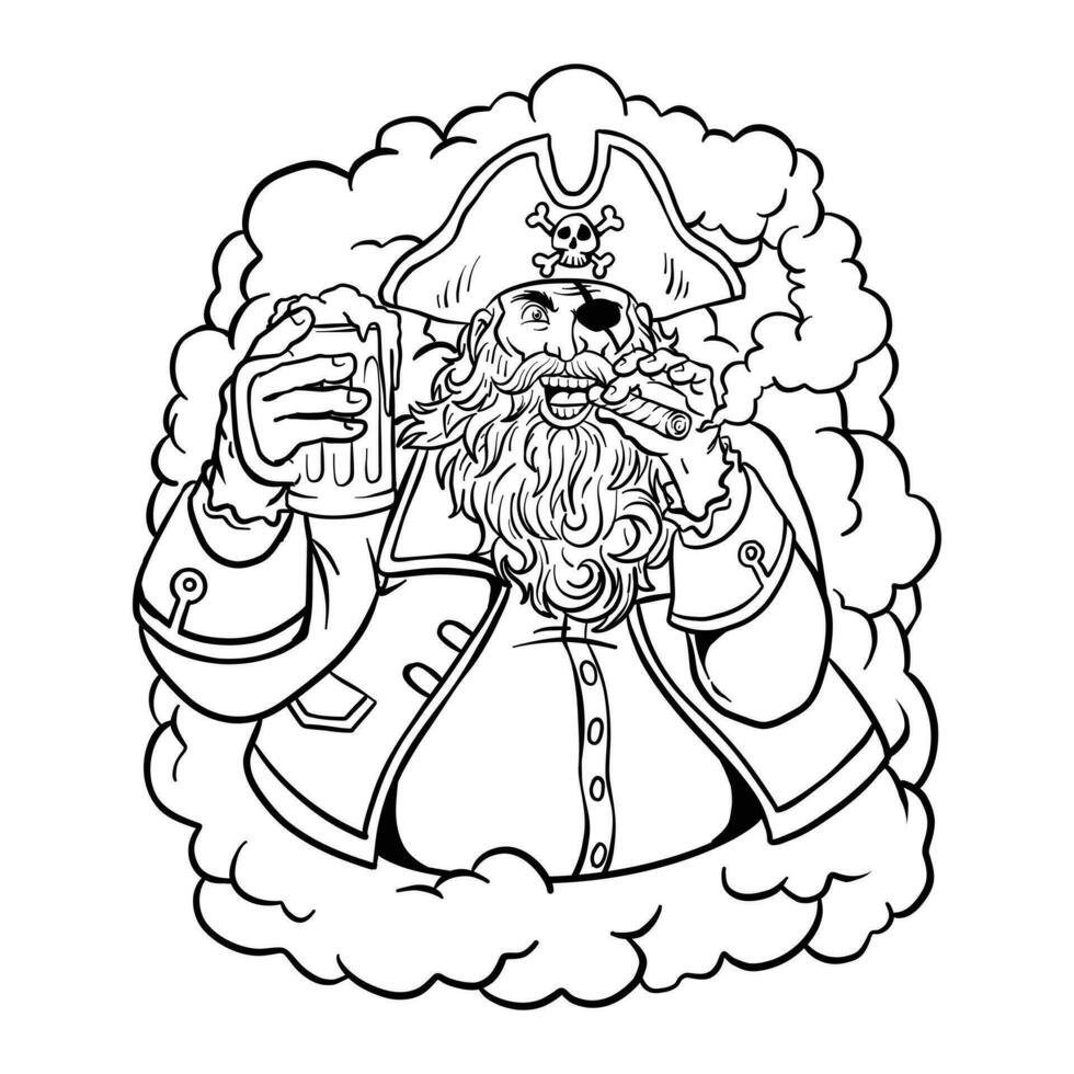 tekenfilm illustratie van een piraat roken en Holding een bier mok. retro knal kunst grappig karikatuur vector