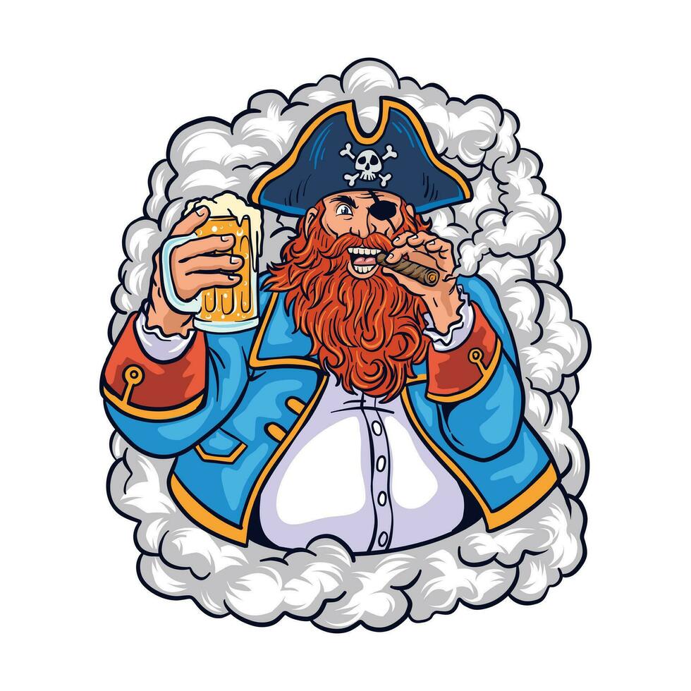 vector illustratie van een zeevarende Holding een glas van bier en een sigaar met rook golvend in de achtergrond