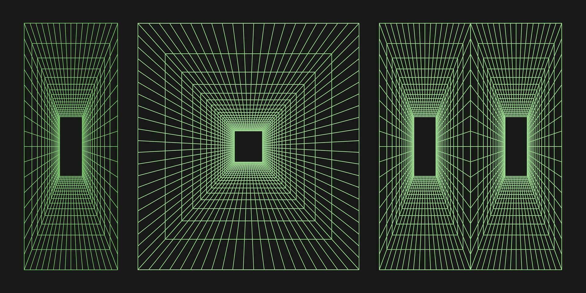 cyber grid, retro punk perspectief rechthoekige tunnel. raster tunnel geometrie op zwarte achtergrond. vectorillustratie. vector