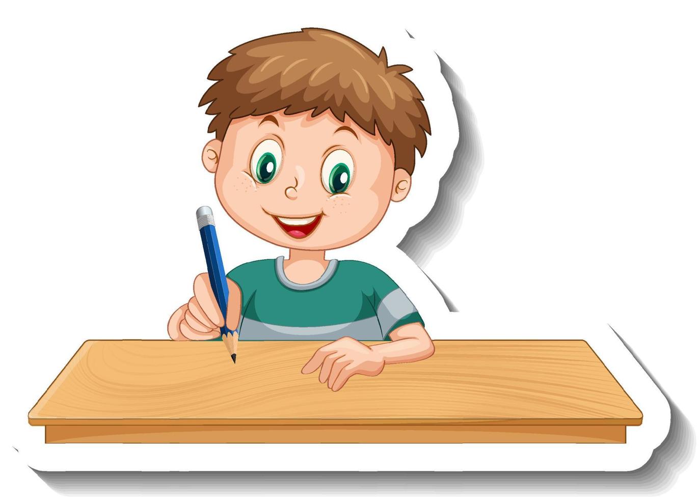 stickersjabloon met een jongen die op de tafel schrijft geïsoleerd vector