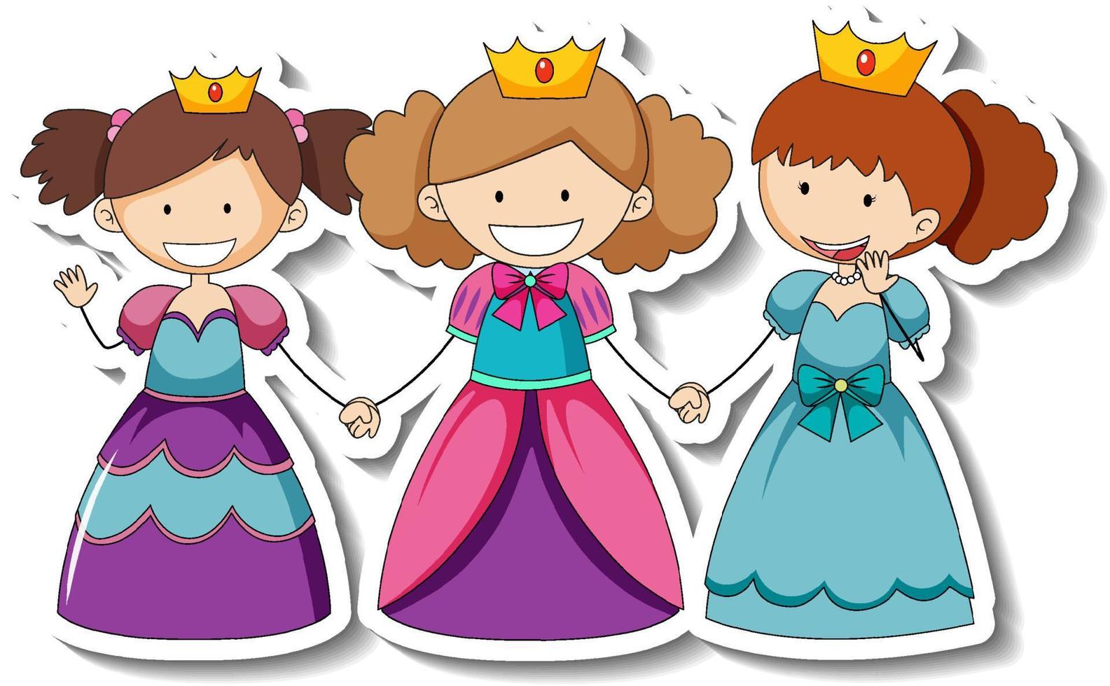 stickersjabloon met stripfiguur van drie prinsessen vector