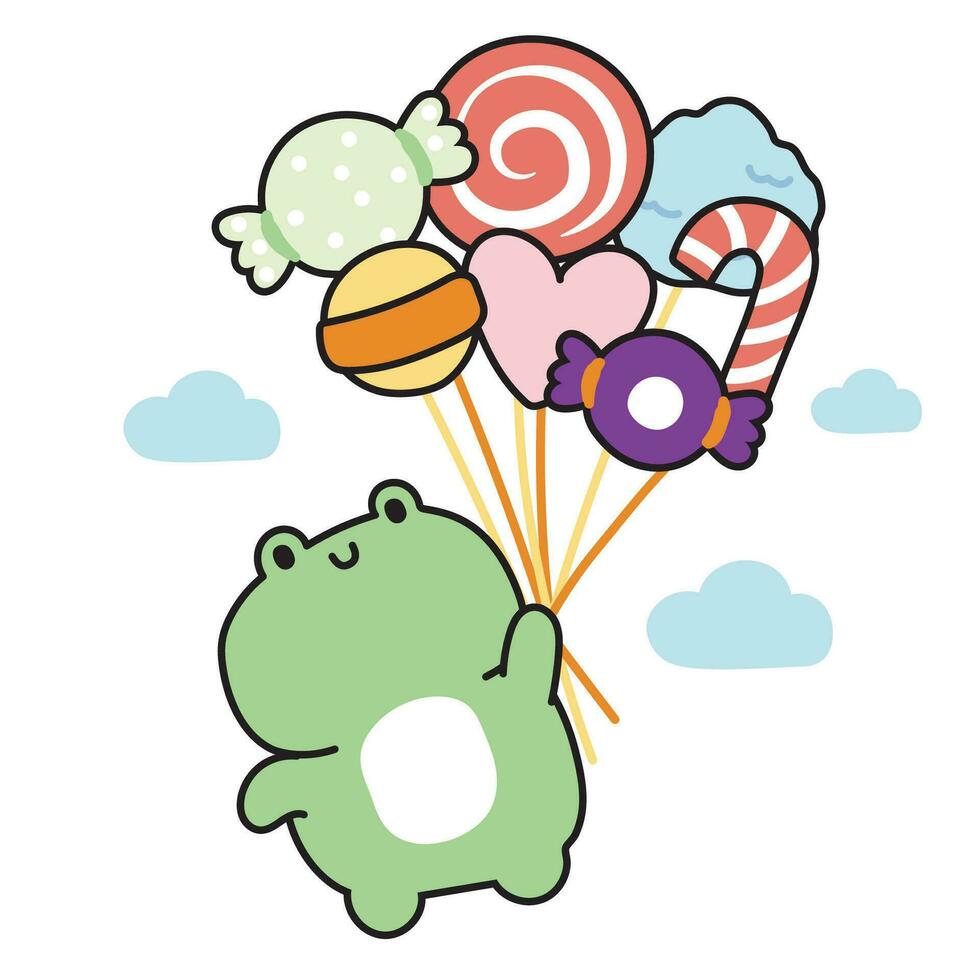 schattig kikker houden snoep ballon Aan lucht achtergrond.reptiel dier karakter tekenfilm ontwerp.sweet en dessert.kawaii.vector.illustratie. vector