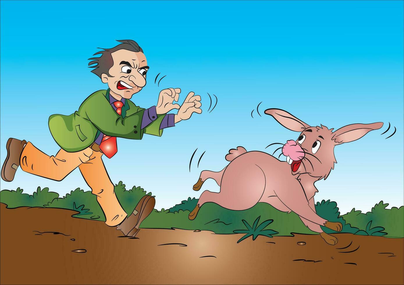 Mens rennen na een konijn, illustratie vector
