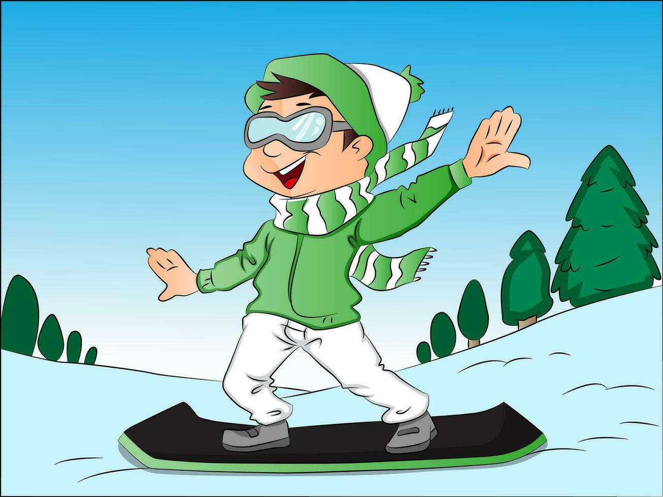 vector van gelukkig jongen snowboarden.