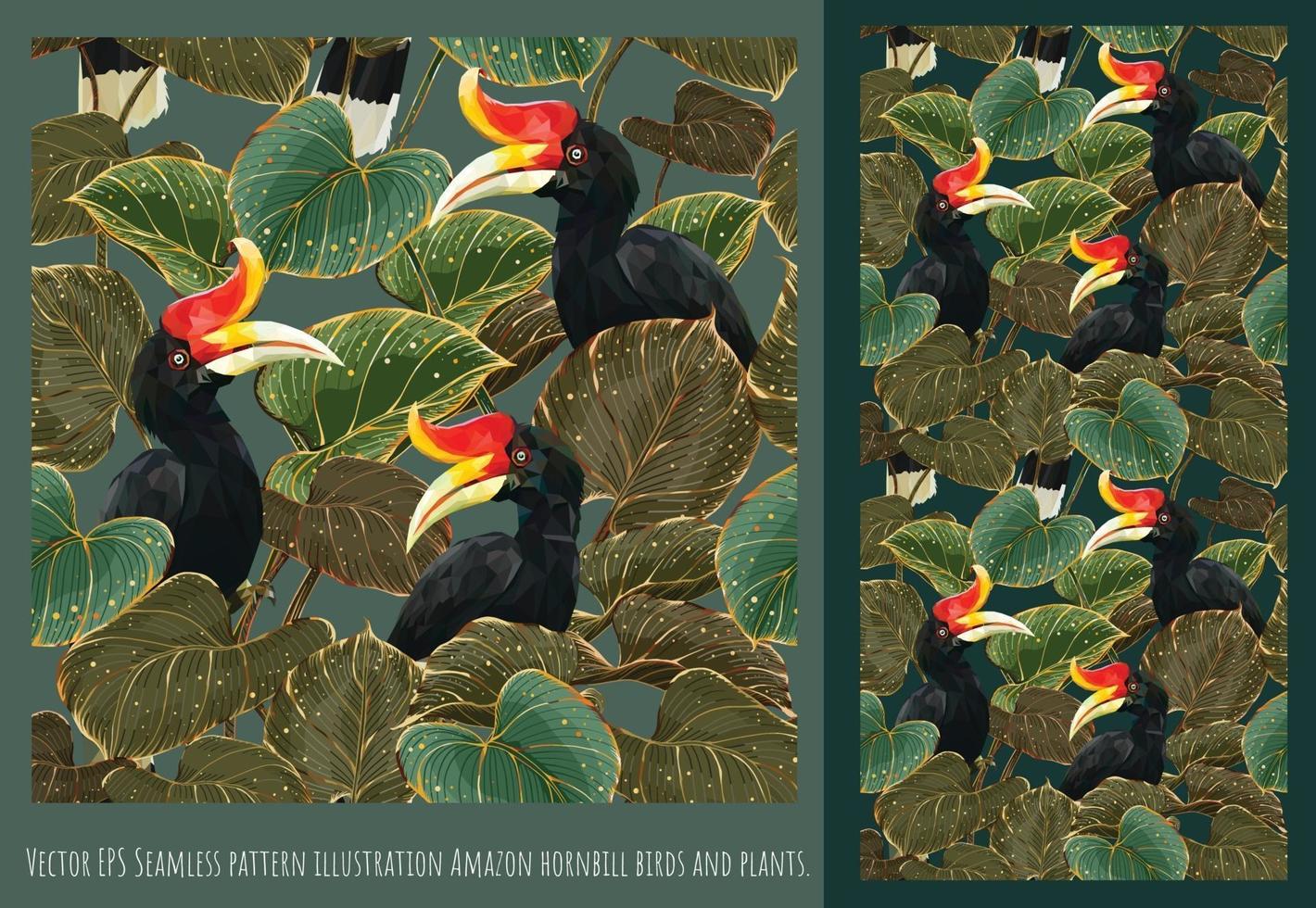 naadloze patroon illustratie amazone neushoornvogel vogels en planten vector