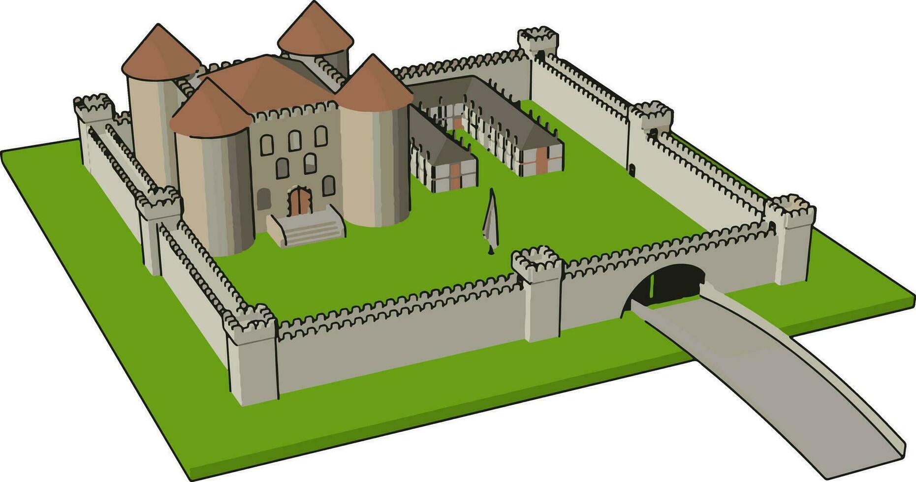 gemakkelijk vector illustratie van een middeleeuws kasteel met versterkt muur en torens wit achtergrond