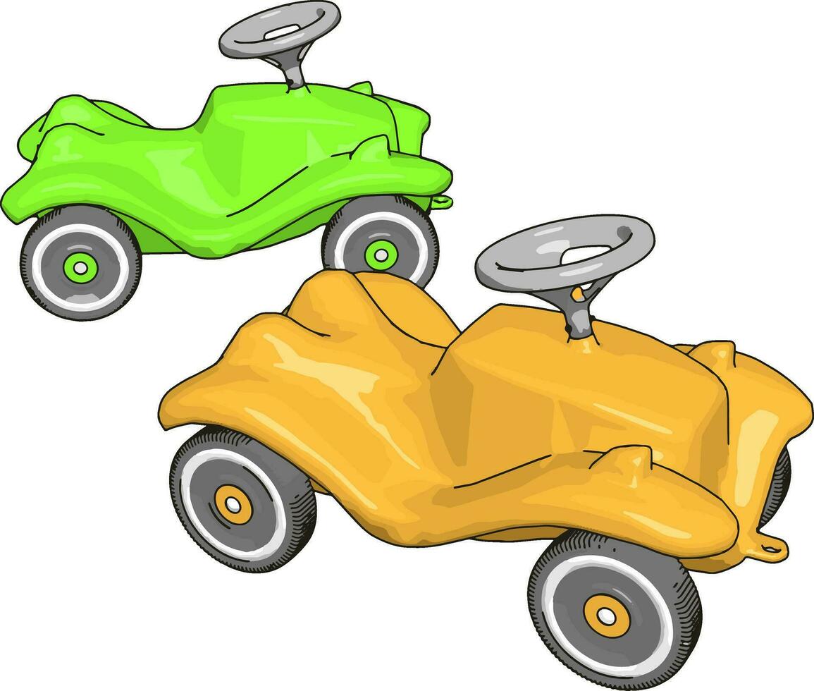 groen en geel kinderen auto, illustratie, vector Aan wit achtergrond.