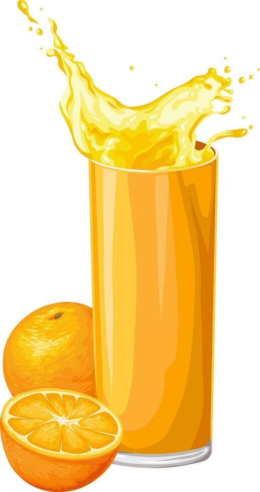 vector van oranje fruit met sap in glas.