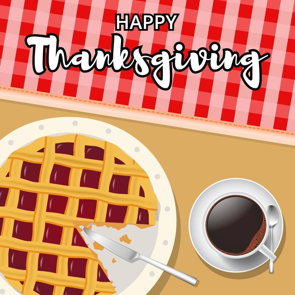 happy thanksgiving achtergrond met taart en een kopje koffie vector