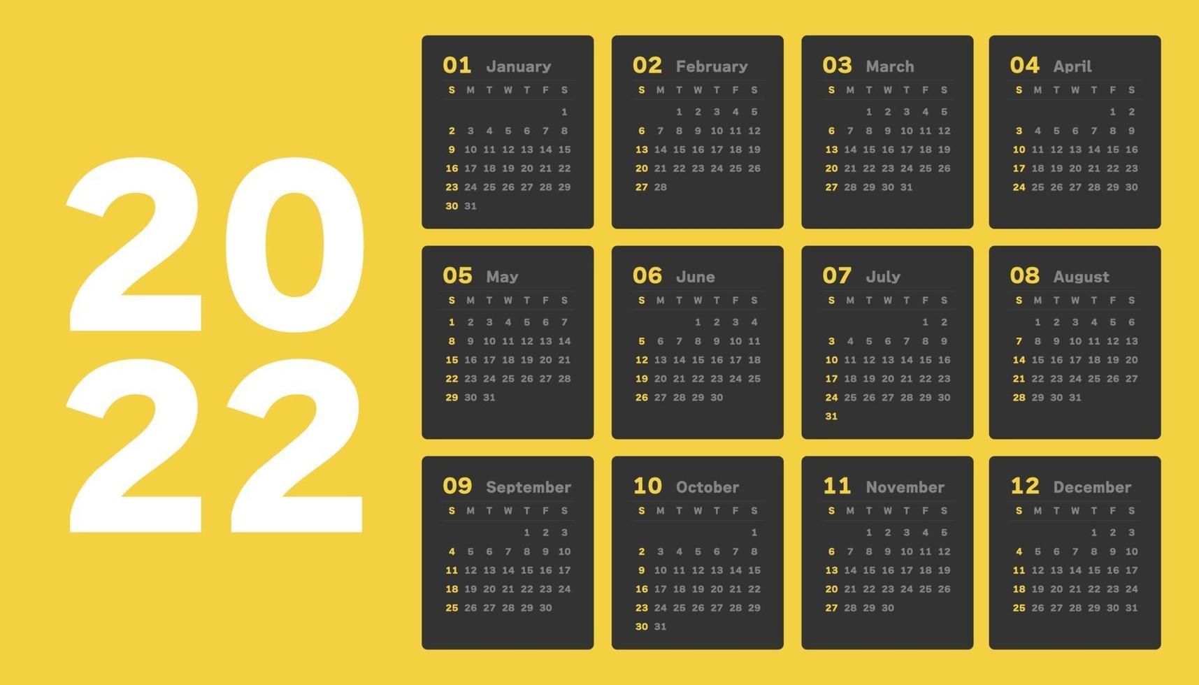 kalender 2022, 12 maanden in schone, minimale tafel eenvoudige stijl. vector