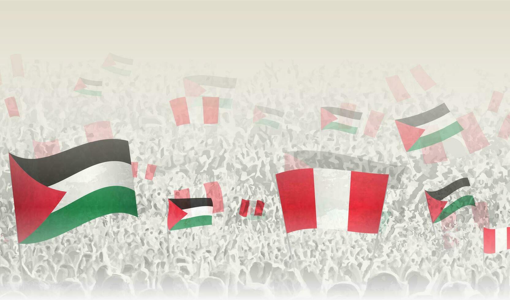 Palestina en Peru vlaggen in een menigte van juichen mensen. vector