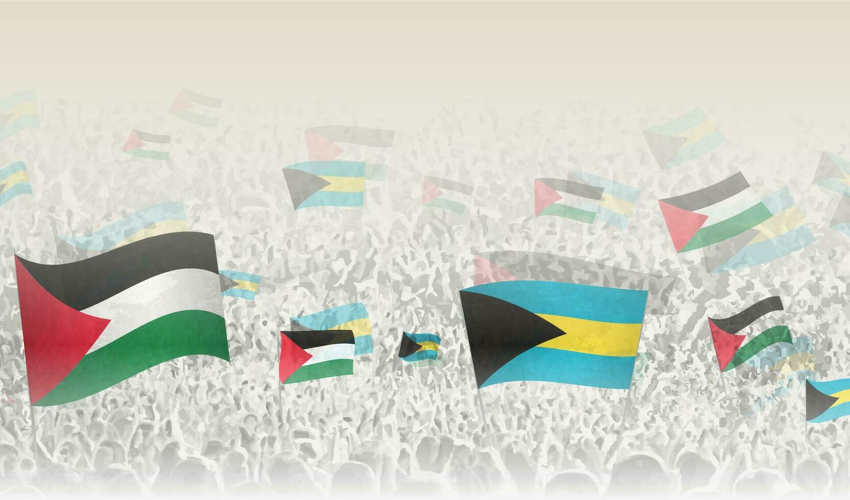 Palestina en de Bahamas vlaggen in een menigte van juichen mensen. vector