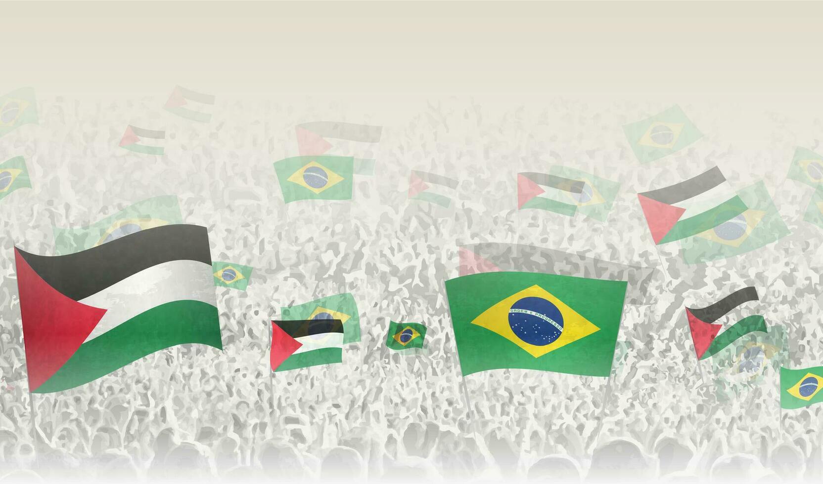 Palestina en Brazilië vlaggen in een menigte van juichen mensen. vector