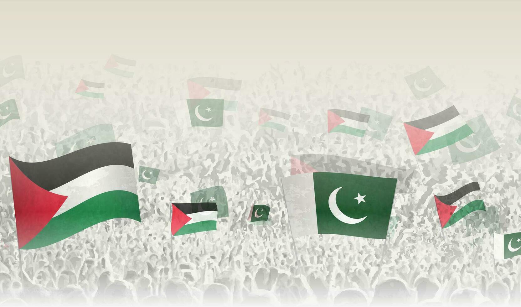 Palestina en Pakistan vlaggen in een menigte van juichen mensen. vector