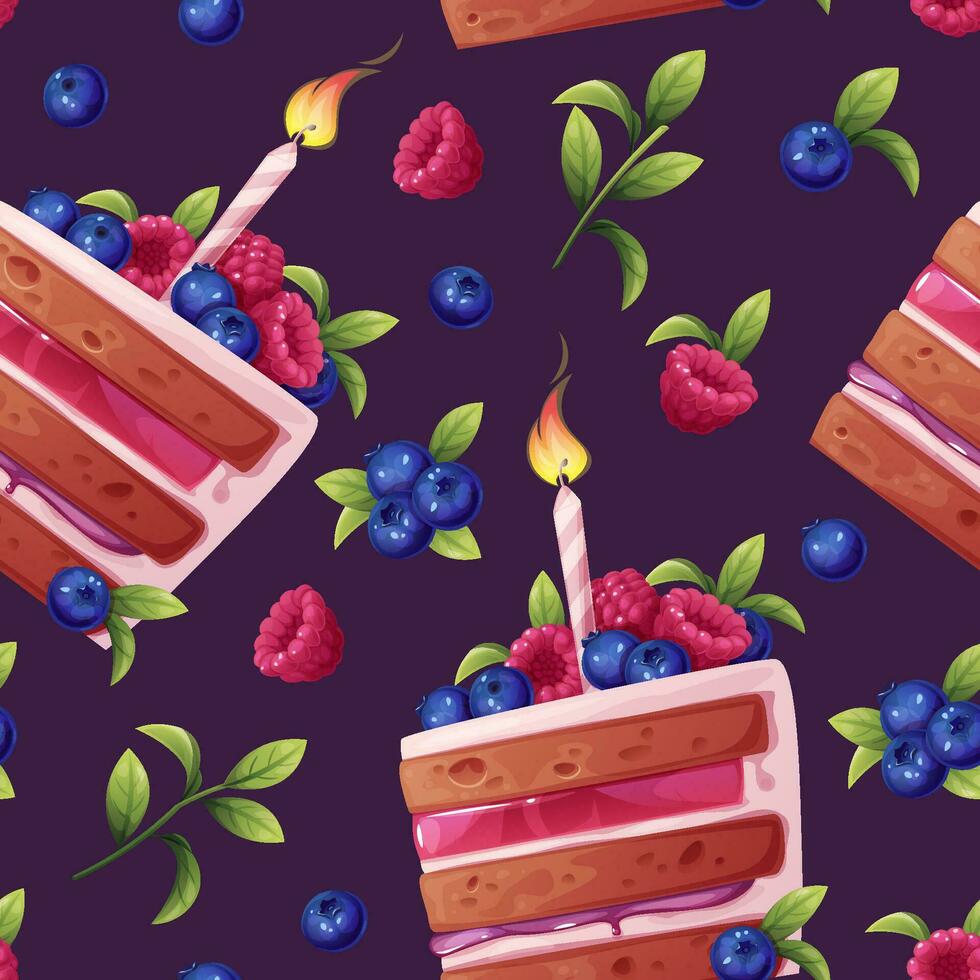 naadloos patroon met een taart versierd met room, bessen, een kaars en een sterretje. verjaardag taart achtergrond. feestelijk structuur voor omhulsel papier, kaarten, kleding stof, behang. vector
