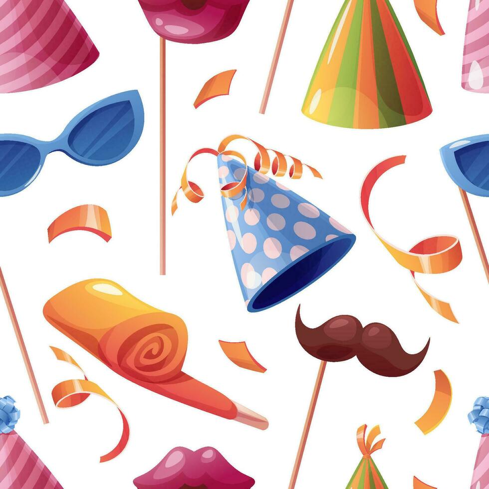 naadloos patroon met accessoires, confetti, partij hoed. achtergrond met feestelijk items voor verjaardag. feestelijk structuur voor omhulsel papier, kaarten, kleding stof, behang. vector