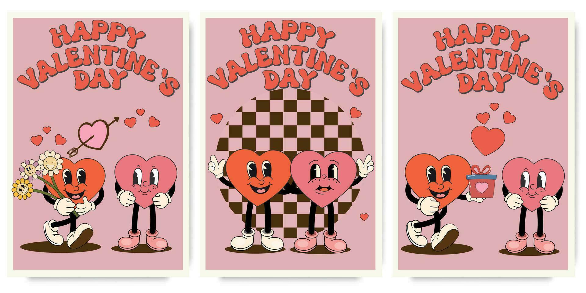 groovy lief harten posters met liefde karakter . liefde concept. gelukkig valentijnsdag dag groet kaart. funky achtergrond in modieus retro Jaren 60 jaren 70 tekenfilm stijl. vector illustratie