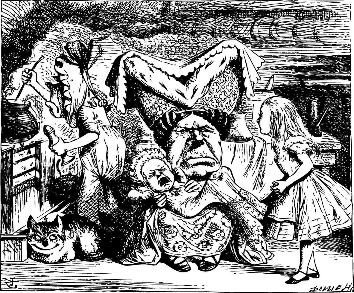 koken, hertogin, Cheshire kat, baby, en Alice wijnoogst illustratie vector
