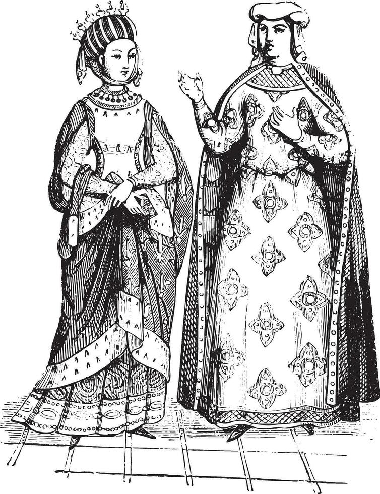 blanche van Castilië en Margaret van Provence, wijnoogst gravure. vector