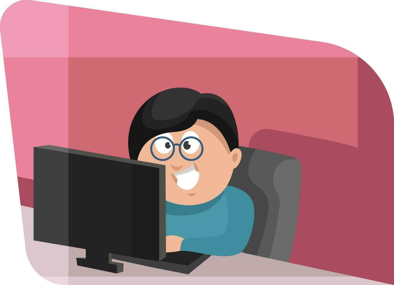 Mens met bril werken Aan computer, illustratie, vector Aan een wit achtergrond.