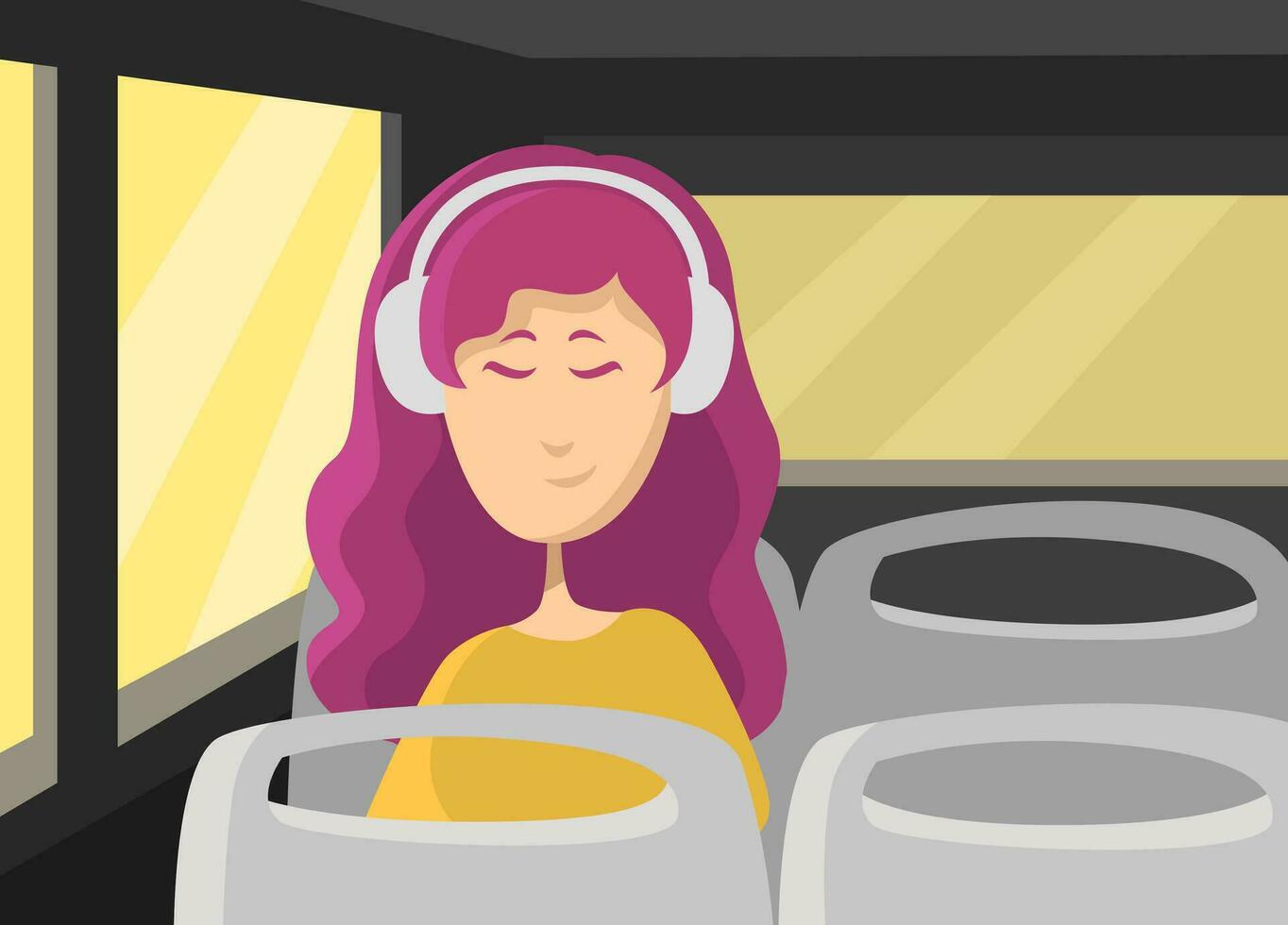 meisje in de bus luisteren naar muziek, illustratie, vector Aan een wit achtergrond.