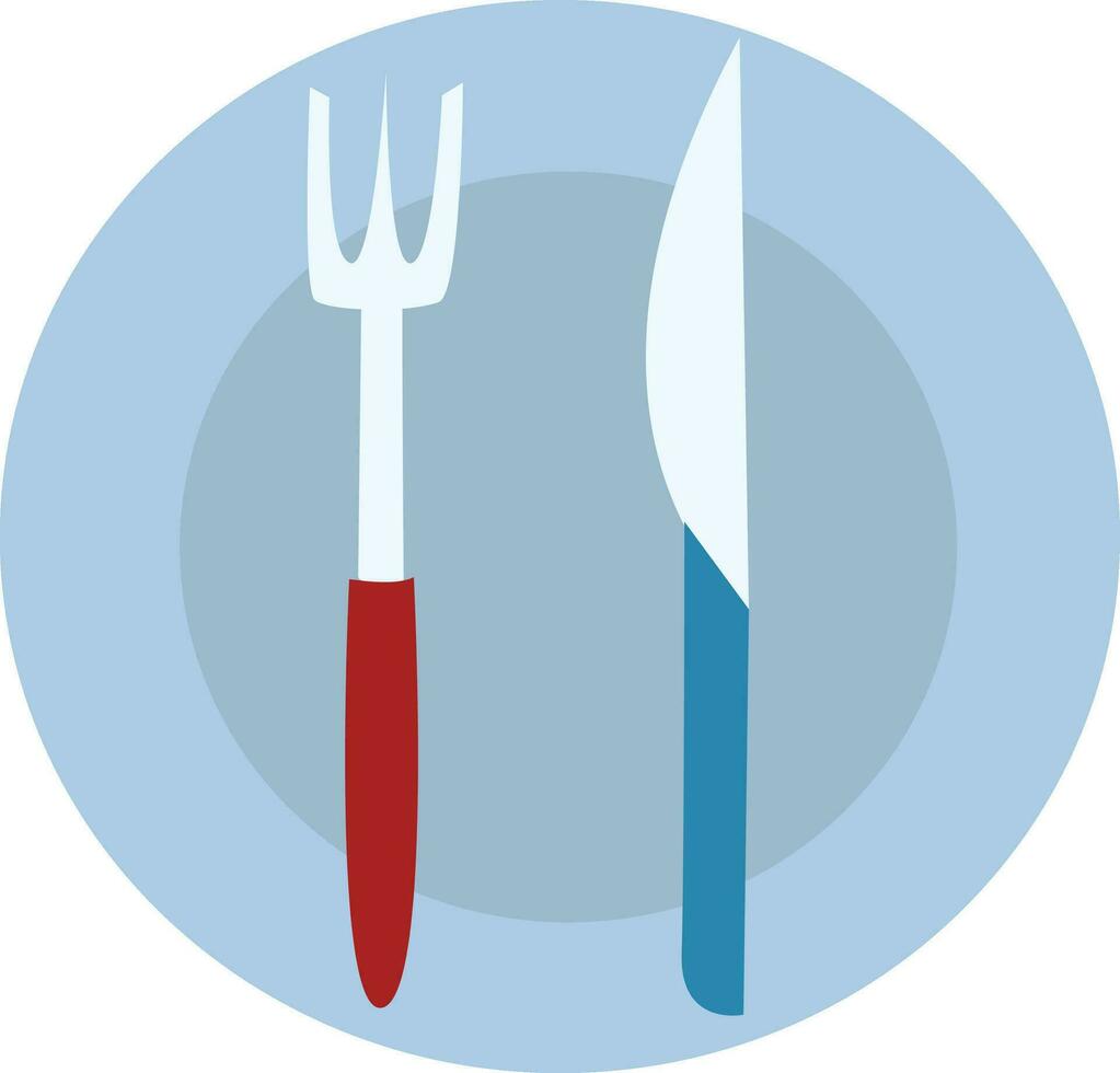 blauw voedsel bord met vork en mes illustratie vector Aan wit achtergrond