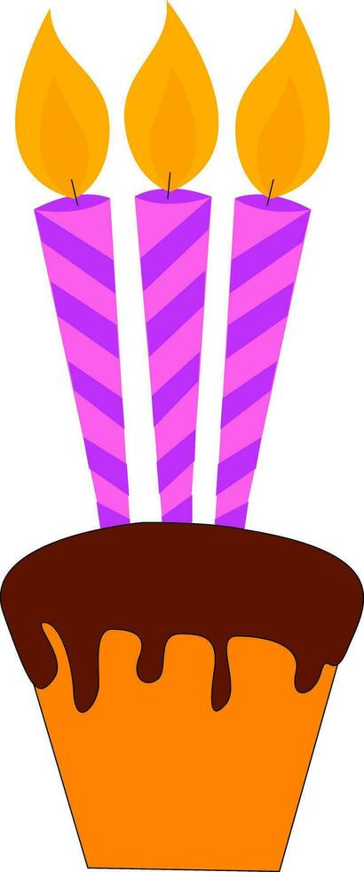 een klein fondant taart bekroond met drie gloeiend gestreept roze kaarsen, vector of kleur illustratie.
