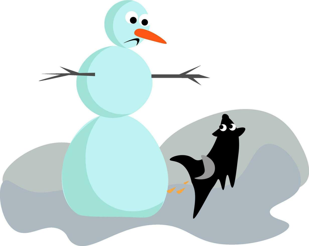 clip art van een verdrietig sneeuwman en een zwart hond rennen dichterbij, vector of kleur illustratie.