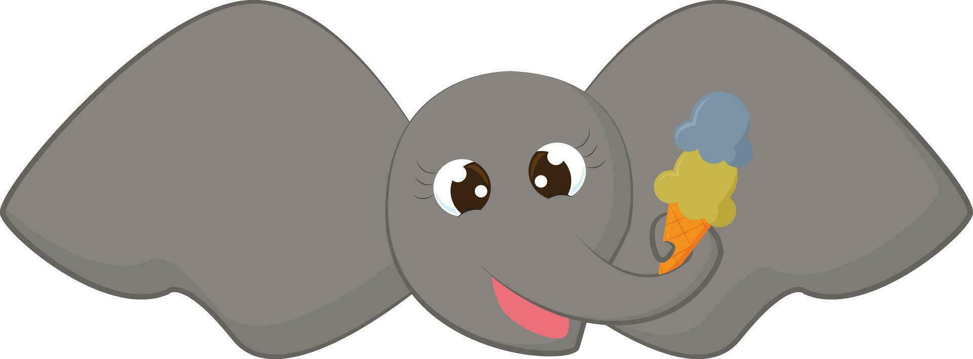tekenfilm grappig grijs olifanten gezicht Holding ijshoorntje ijs room in haar romp vector of kleur illustratie