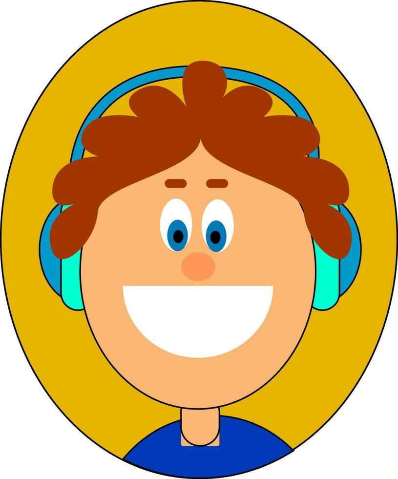 portret van een jongen vervelend groot blauw hoofdtelefoons over- een geel achtergrond vector of kleur illustratie