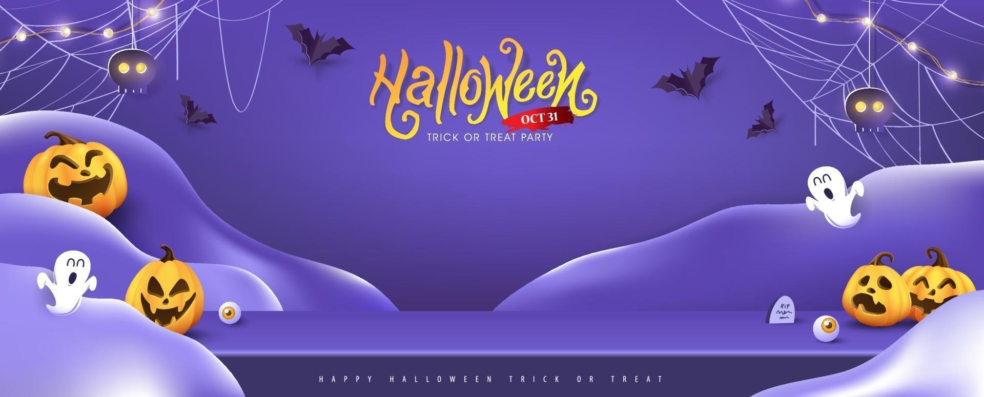 Halloween-achtergrondontwerp met productweergave en feestelijke elementen vector